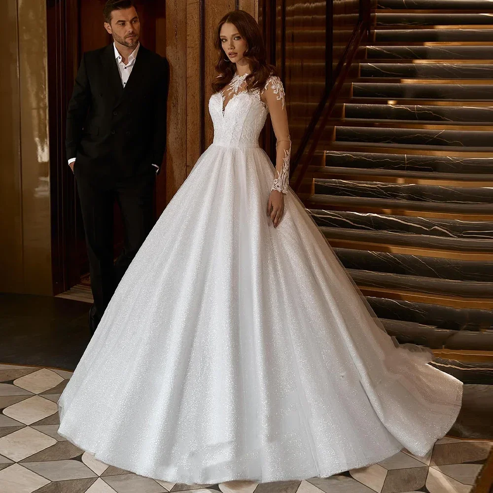 

New Modern Wedding Dress 2026 Sheer O-neck Long Sleeves Lace Appliques Sequins Princess Birde Bridal Gowns Vestido De Novia
