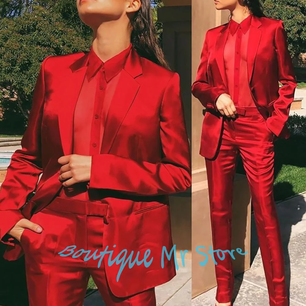 

Женский красный атласный костюм, комплект из 2 предметов (куртка + брюки), великолепный однобортный пиджак для вечерней вечеринки, официальная коктейльная уличная одежда