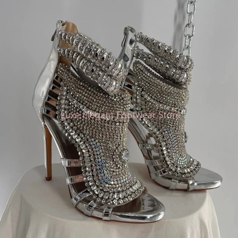 

Black Leather Crystal Ankle Wrap Peep Toe Sandals Women Shiny Rhinestone Back Zipper Thin High Heels Sexy Luxury Party Prom Shoe