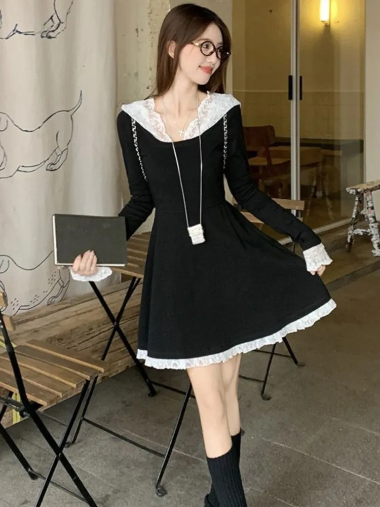 

Y2K Women's Korean Hooded Long Sleeves Slim Waist A-Line Mini Dress Sweet French Lace Patchwork Dresses 2025 New Fashion Clothes