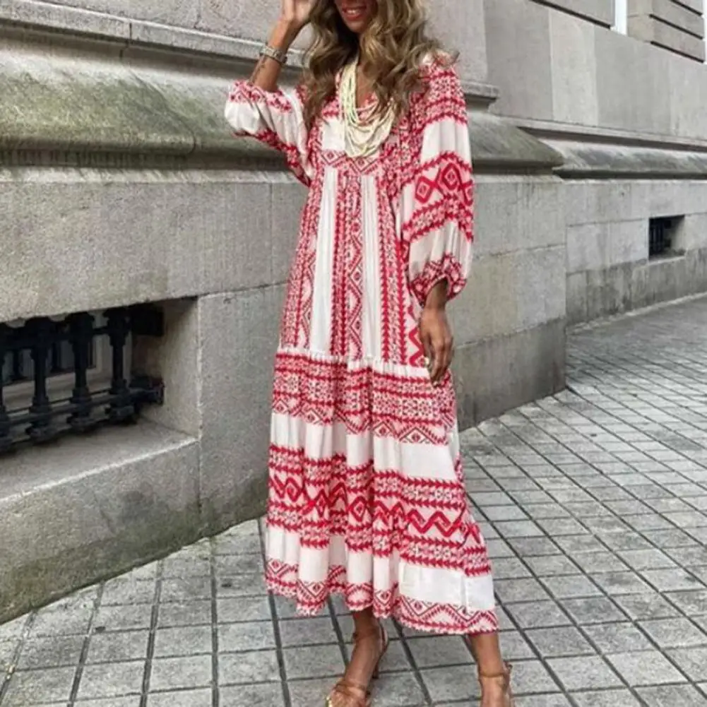 Maxi abito donna bohémien 3/4 maniche a sbuffo Maxi abito Boho stampa floreale prendisole vita alta spiaggia abiti in Chiffon vestide Mujer