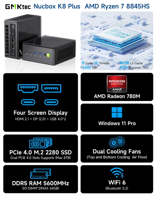 GMKtec K8 Plus NUCBOX Mini PC – AMD Ryzen 7 8845HS, Radeon 780M, OCuLink, PCIe Gen4 NVMe, DDR5-5600, Windows 11 Pro – view 3