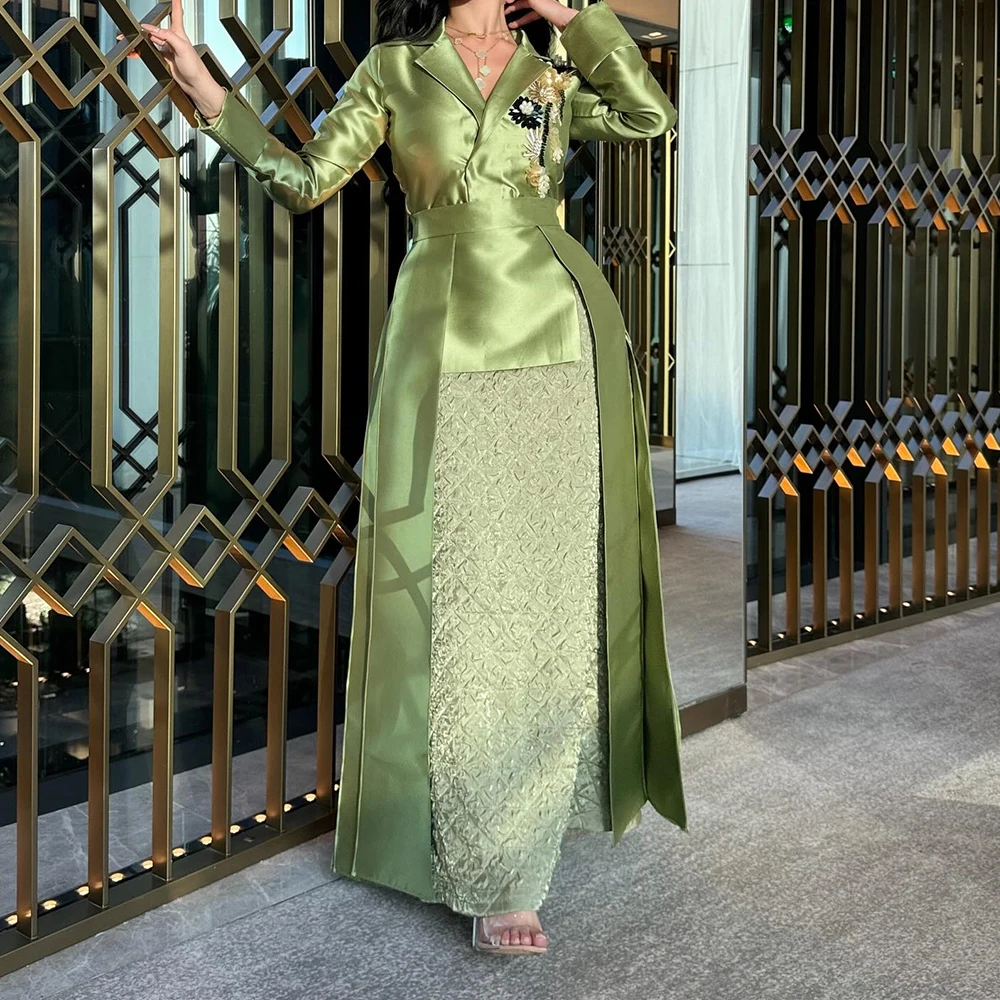 

Customized High Quality Pleats Embroidery Panel Train Evening Dresses Classic A-Line V-Neck Satin Green Party Gowns vestidos de