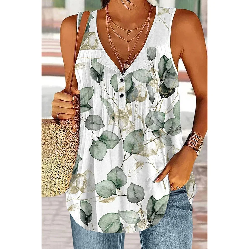 Plus Size Women's Casual Vest White Cotton and Linen Plant Print Button Folding Soft 2024 Summer Vest