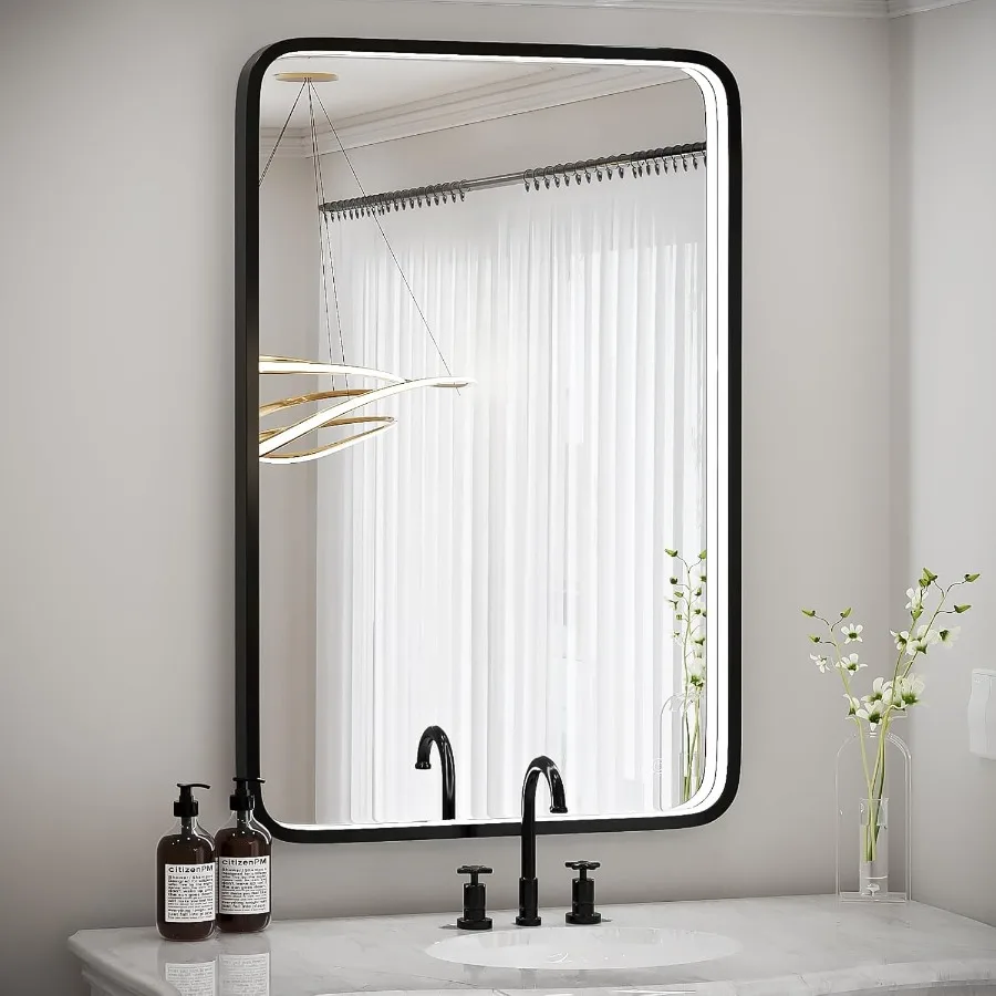 36x24 Inch LED Bathroom Mirror with Lights Metal Frame Mirror Wall Mounted Lighted Vanity Mirrors for Wall Anti Fog Bath Mirrors