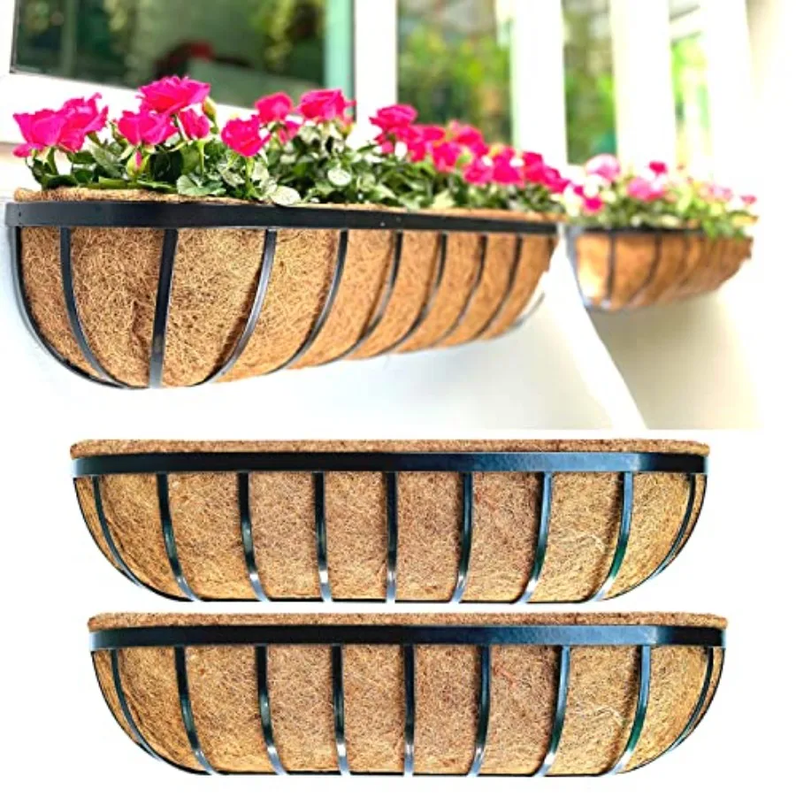 

Настенный уличный кашпо LaLaGreen – 30 дюймов, 2 шт., черные металлические оконные ящики-кашпо, крепление к дому, большая корзина для цветов, для перил террасы
