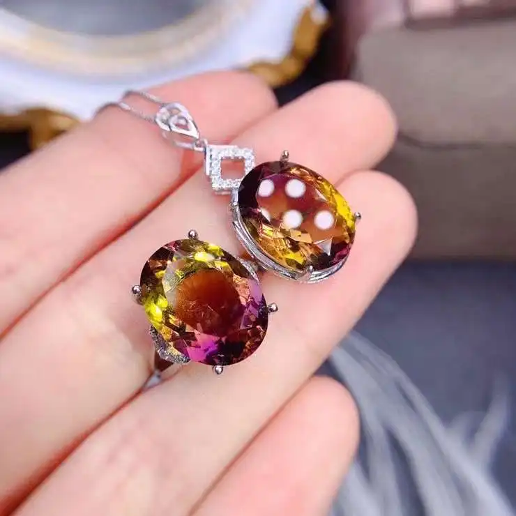 Pure Natural Ametrine Set High Quality Super Good Color 925 Sterling Silver Jewelry set 1pc ring,1pc pendant