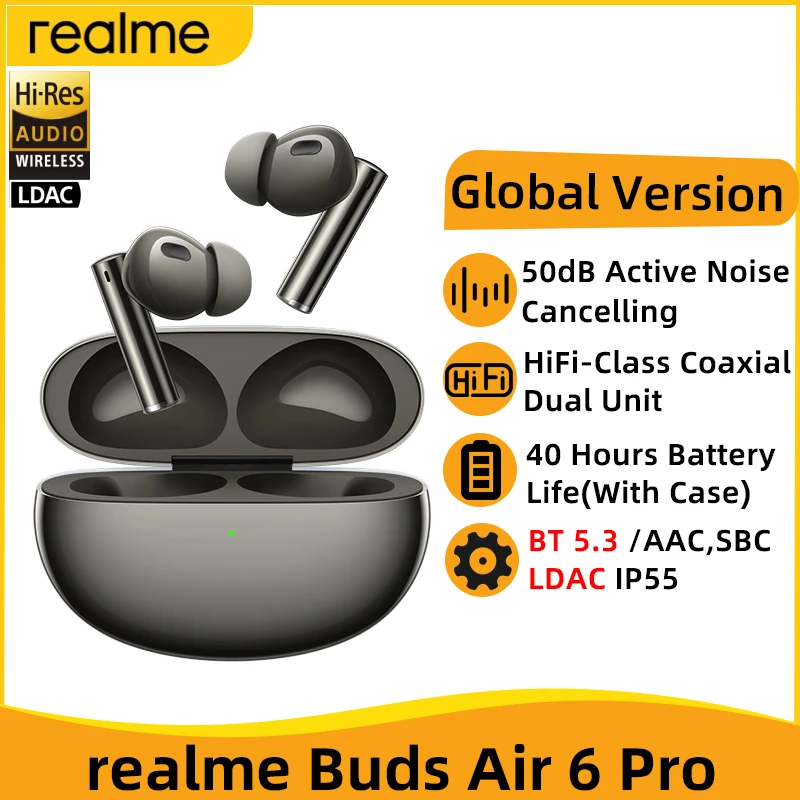 Global Version realme Buds Air 6 Pro TWS Earphone 50dB Active Noise Cancelling TWS Earphone LDAC IP55 40 Hours Battery Life