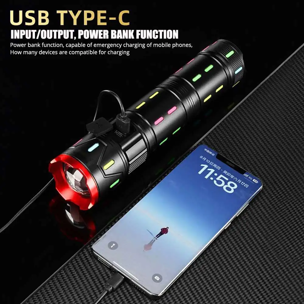 10000mah 2024 Power Spotlight LED Flashlight With Fluorescent Absorbing Film Luminous Colorful Tactical Torch With Power Display