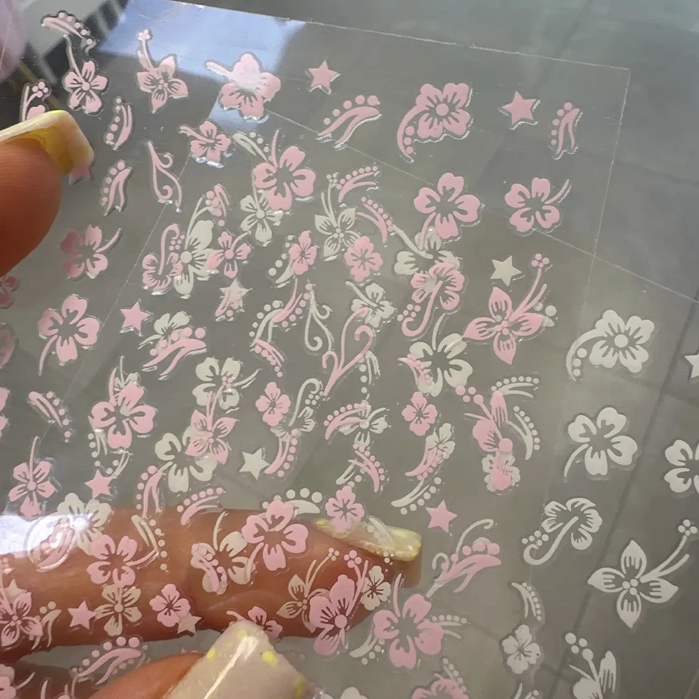 2 Lenzuola 3D Fiori di Ibisco Adesivo per unghie Rosa Bianco Y2k Autoadesiva Ibisco Floreale Unghie artistiche Forniture Decalcomania Manicure FAI DA TE Decor