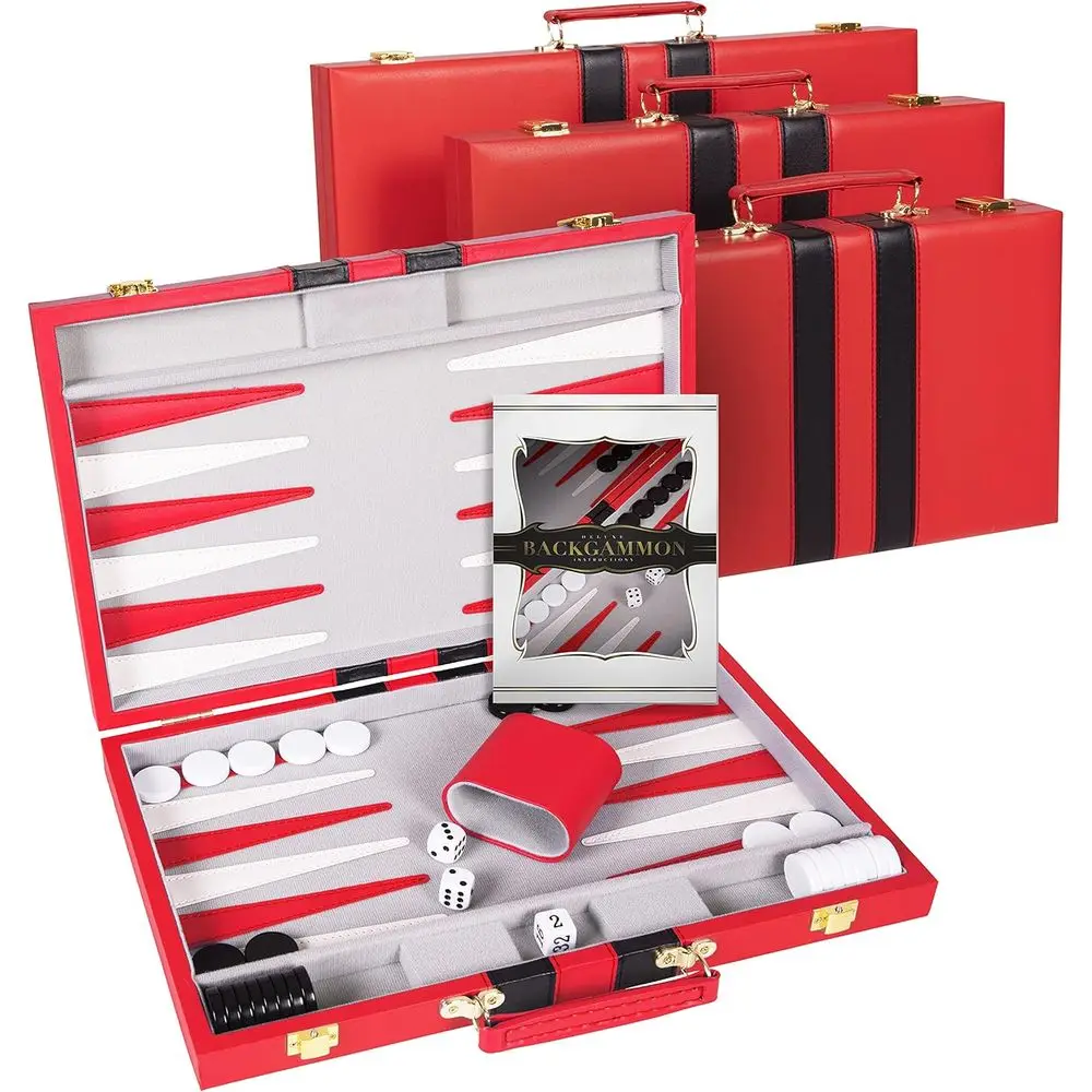 18 Deluxe Red Leatherette Backgammon Set for Family & Travel with Accessories