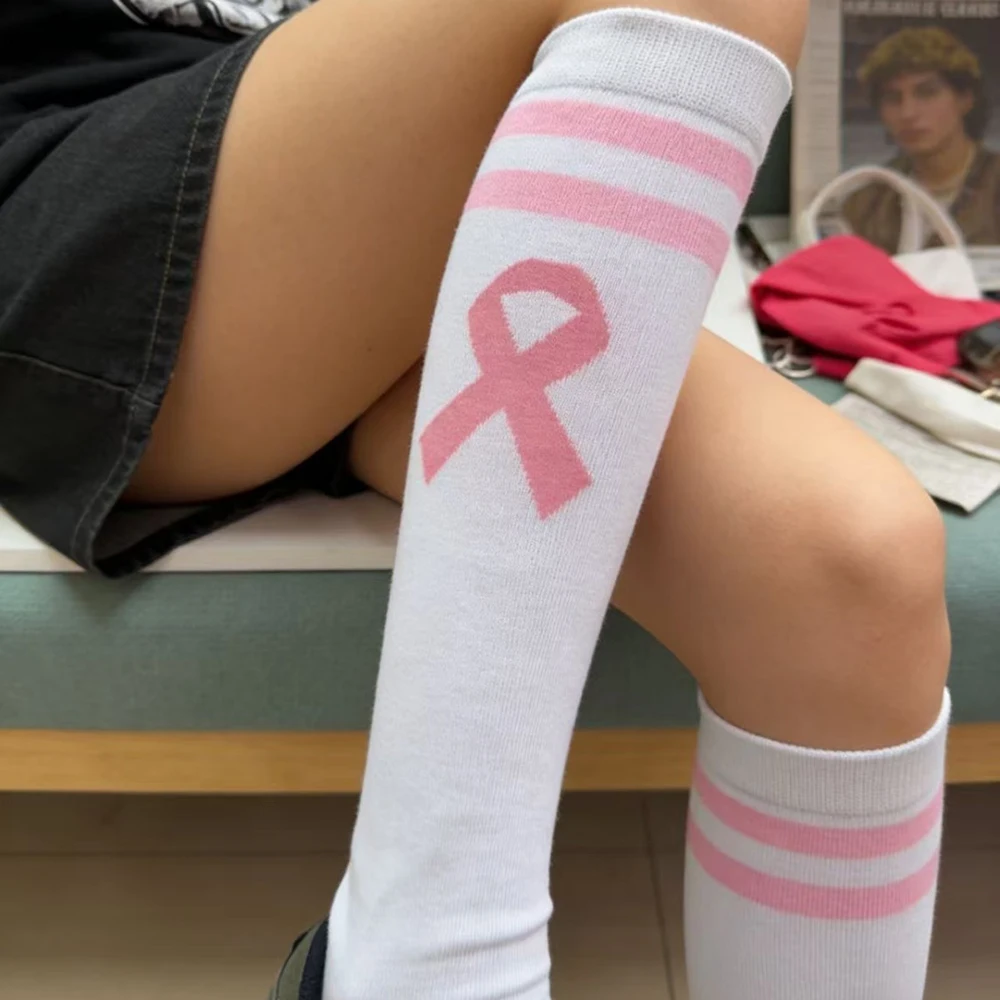 Bowknot Pink Knee High Socks Women Take Care Of Legs High Quality Stockings Striped Running Compression Sports Socks Girls Gifts