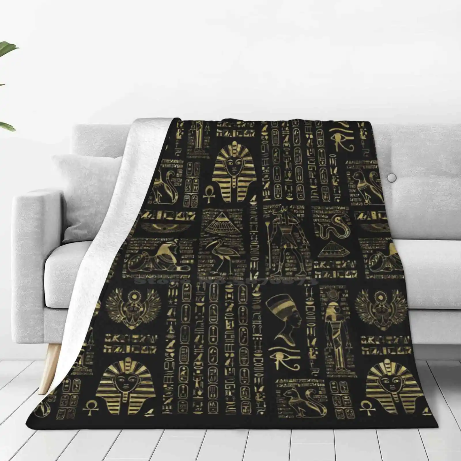 Egyptian Hieroglyphs And Deities Gold On Black Creative Design Comfortable Warm Flannel Blanket Egyptian Pharaon Ethnic Papirus