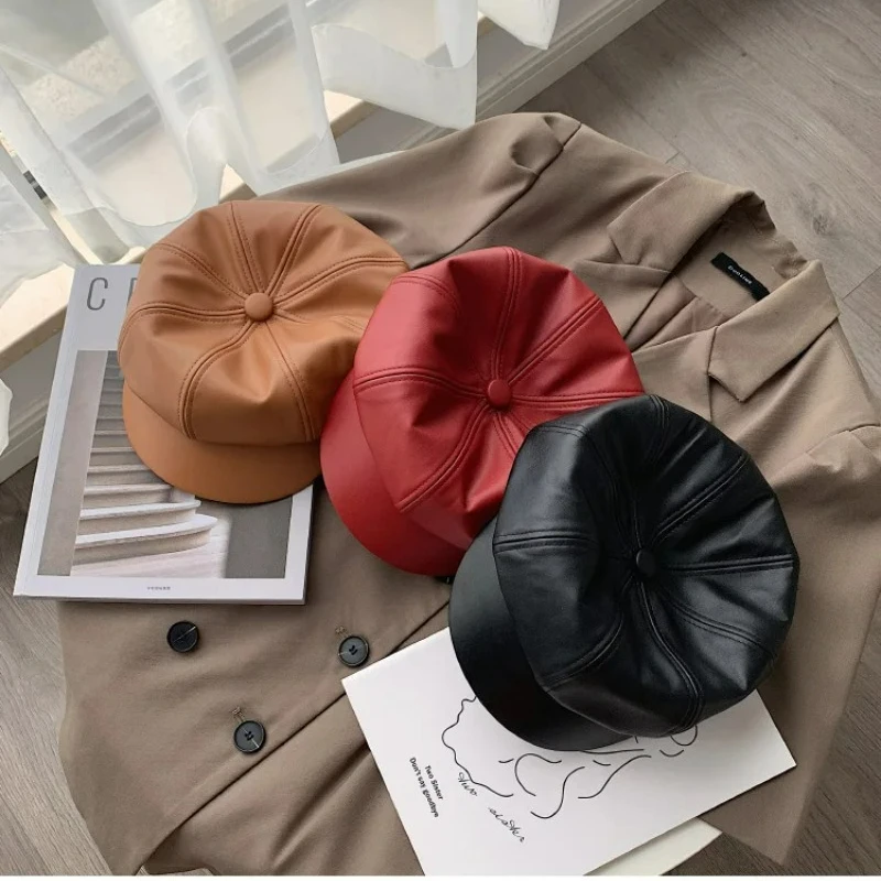 Women Leather Beret with Brim Octagonal Beret Cap Hat Gatsby Peaked Hats Autumn and Winter Street Style