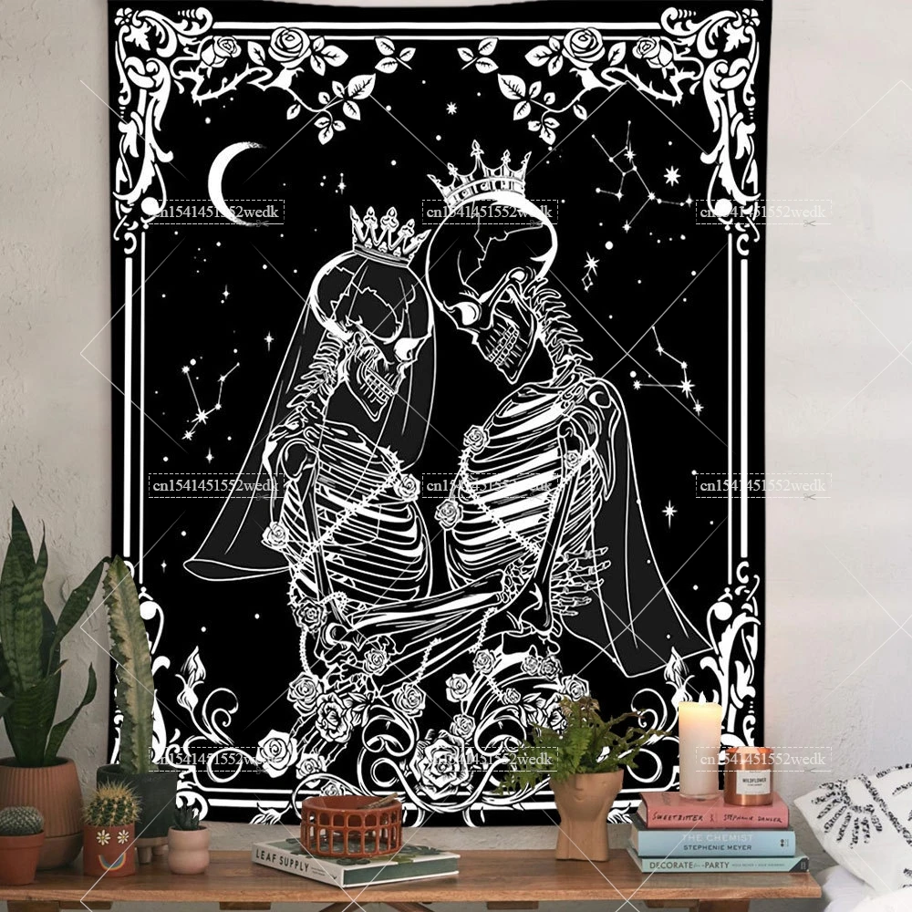 Skull Lover Couple Wedding Tapestry Tarot Card Star Moon Tapestrys Divination Bohemian Wall Cloth Skeleton Rose Flower Blankets