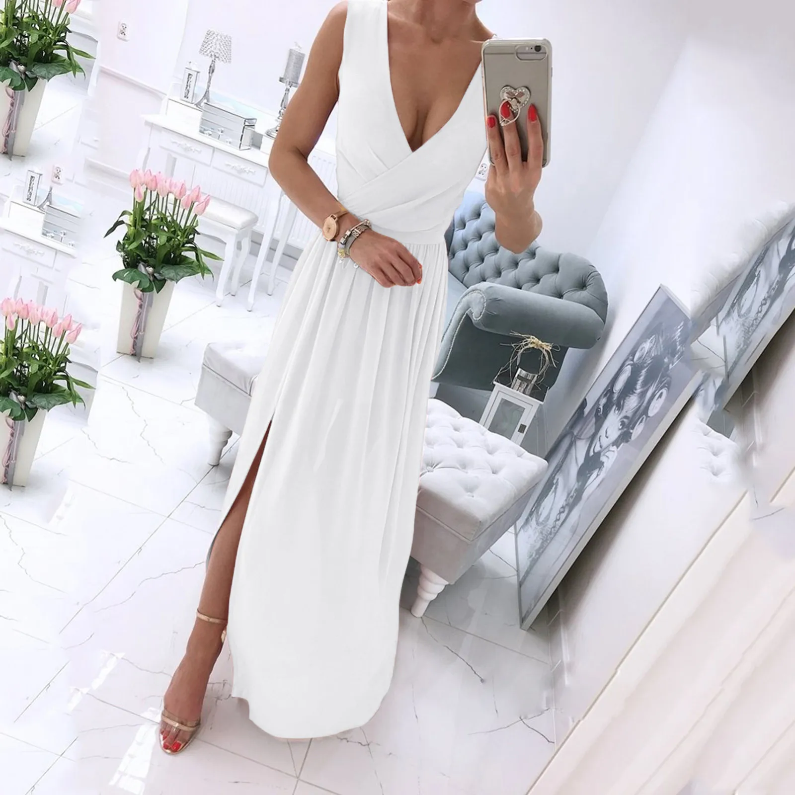 Damen Freizeit kleider Mode einfarbig ärmellose V-Ausschnitt Seite Schlitz A-Linie weißes Kleid Vintage schlanke geraffte Party Ballkleid