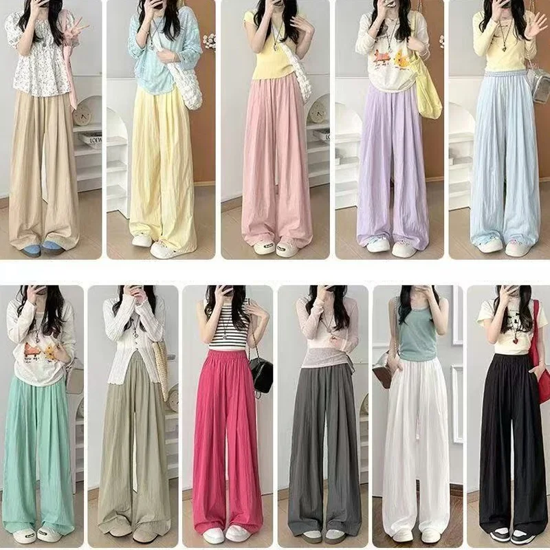 

Summer Women's Long Loose Wide Leg Pants 11 Colors Sunscreen ice silk Straight-leg Pants Casual Beach High Waist Travel Pants