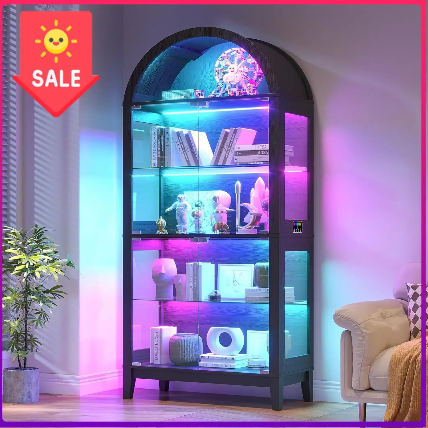 Arched Display Case with Glass Doors& Music-Synced RGB Lights,Black | Glass Display Cabinet with Motion Sensor Lighted, Curio Ca