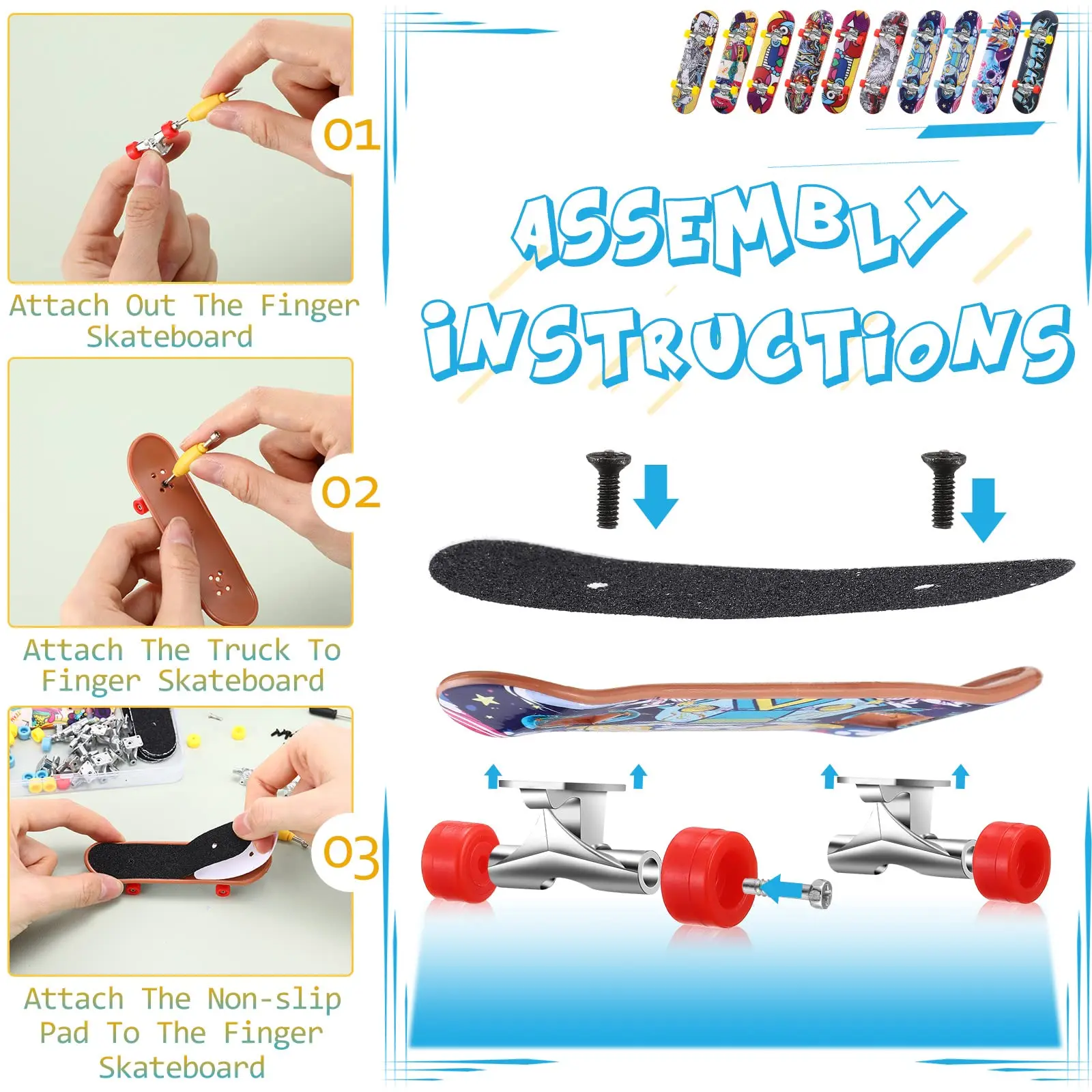 10 pezzi fai da te Kid Finger Skateboard Set con scatola e accessori di ricambio, Mini Kit tastiera da collezione per bambini Finger Toy