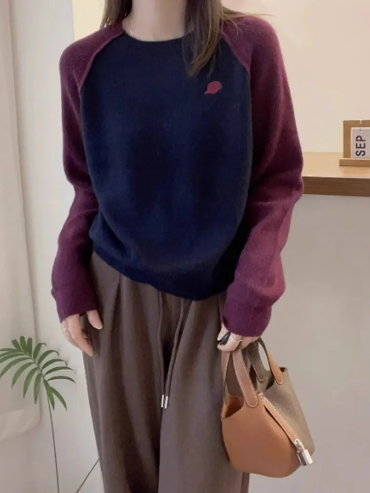 

Loose Long Sve round Ne Knitted Wool Sweater Color Blo Design Slimming Sle Korean Faion Autumn Winter Lazy Chic