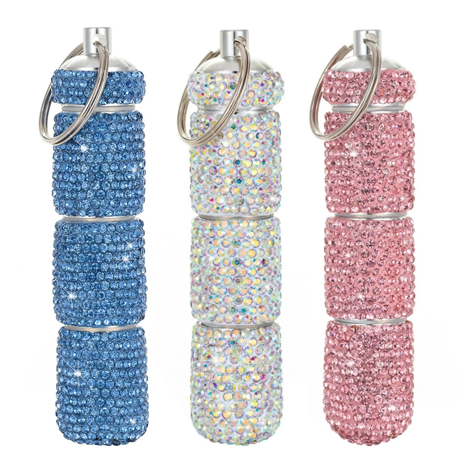 Bling Pill Case Portable Travel Pill Container Bottle Rhinestone Waterproof Small Pill With Keychain Cute Mini Pill Storage Box