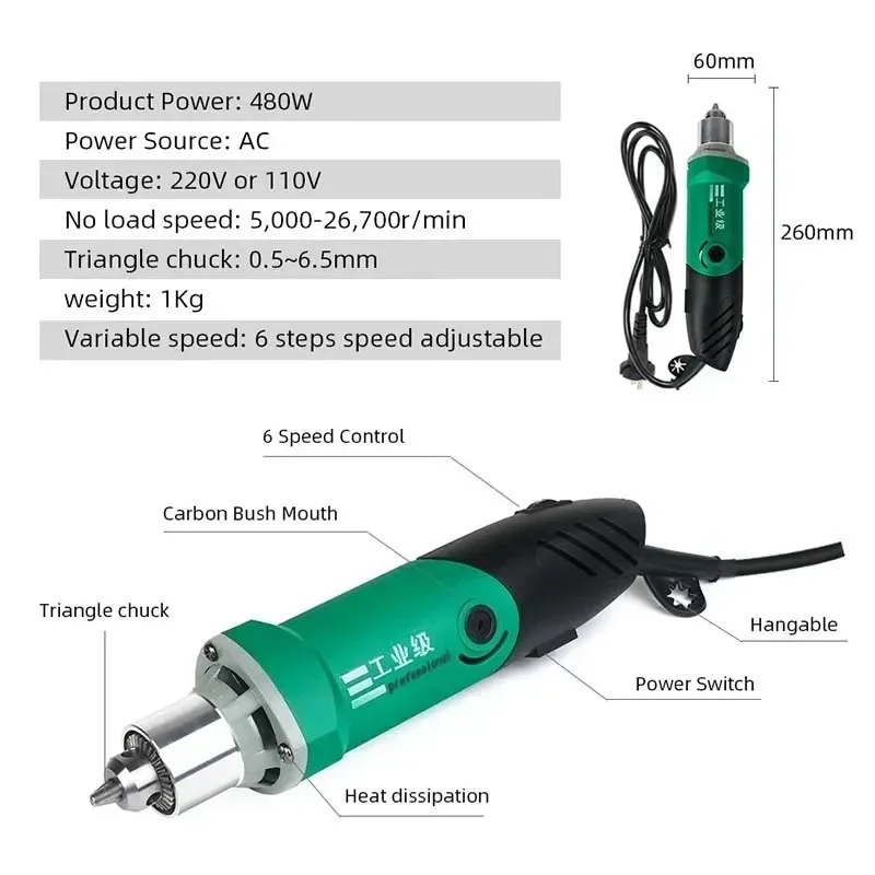 480W Electric Grinder Engraving Machine Mini Rotary Tool Multi-Function Sander Polisher Electric Drill for Metal Processing Wood