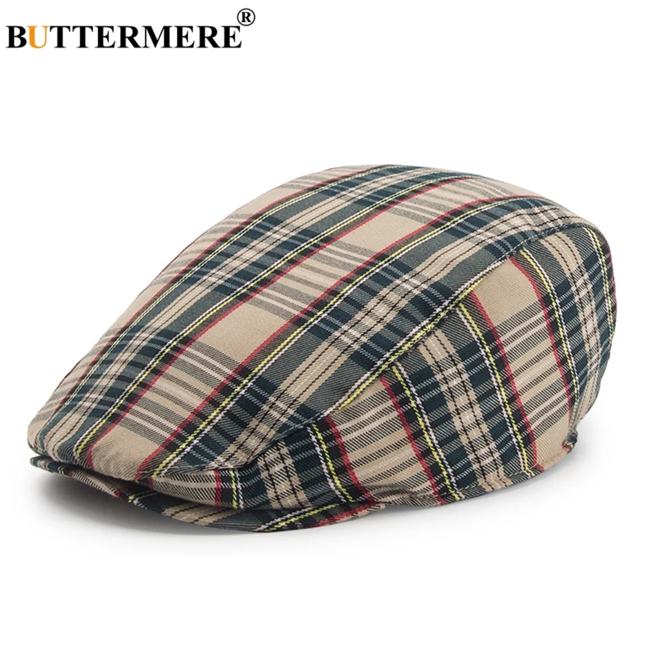 BUTTERMERE Womens Plaid Flat Caps Male Casual Cotton Vintage Berets Hats Summer Spring Classic Checkered Stylish  Cap