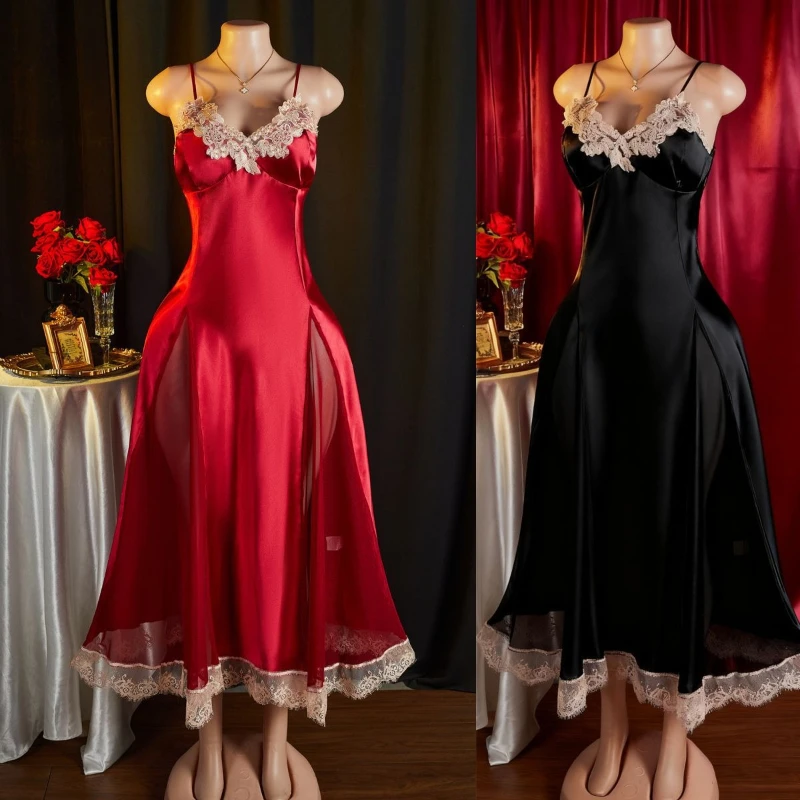 2026 Hot Selling Sexy Suspender V-neck Waist Cinched Lace Patchwork Satin Medium Long Two-color Dress for Women