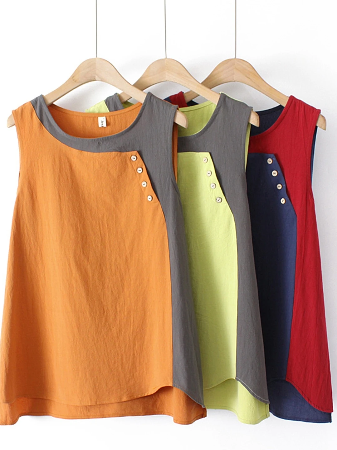 Women's Large Size Thin Asymmetric Button Decorative Color Block Tank Top Casual Loose Fit Breathable Cotton Summer Top