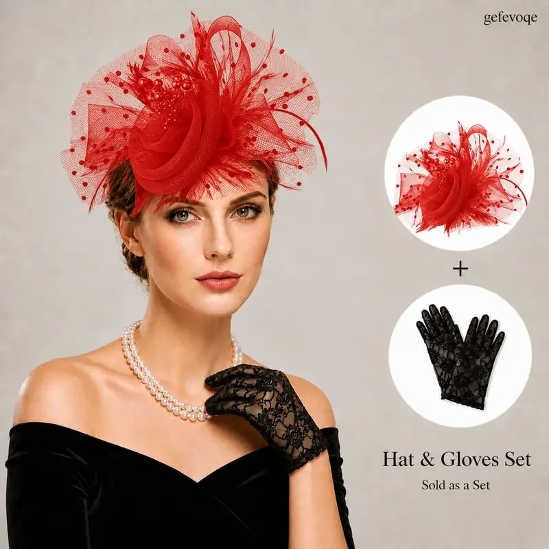 

Fascinator Hat With Mesh And Pearl And Lace Gloves Set For Women Wedding Guest Cocktail Party Royal Ascot Formal Events