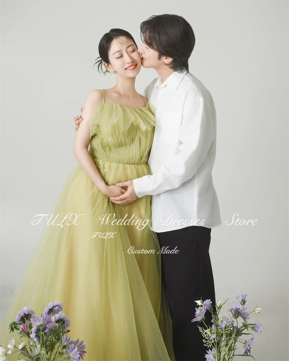 TULX vert Tulle robe de soirée corée grossesse mariage séance Photo bretelles longue robe de soirée de mariée Corset personnalisé