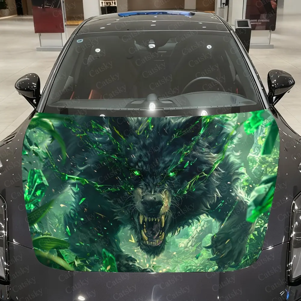 Green Crystal Cracked Wolf Car Vinyl Wrap, PVC Material Waterproof Car Hood Sticker, Self-Adhesive Scratch-Resistant Stickers fo