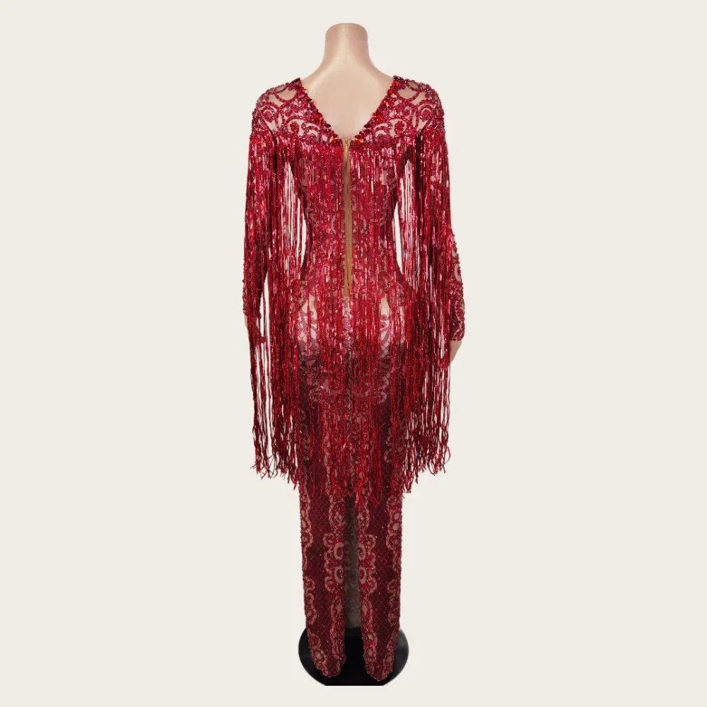 Elegante langärmlige rote Quaste Strass Abendkleid Kleider Frauen Sänger Bühnen kostüm Bodycon Geburtstag Hochzeits feier Kleid