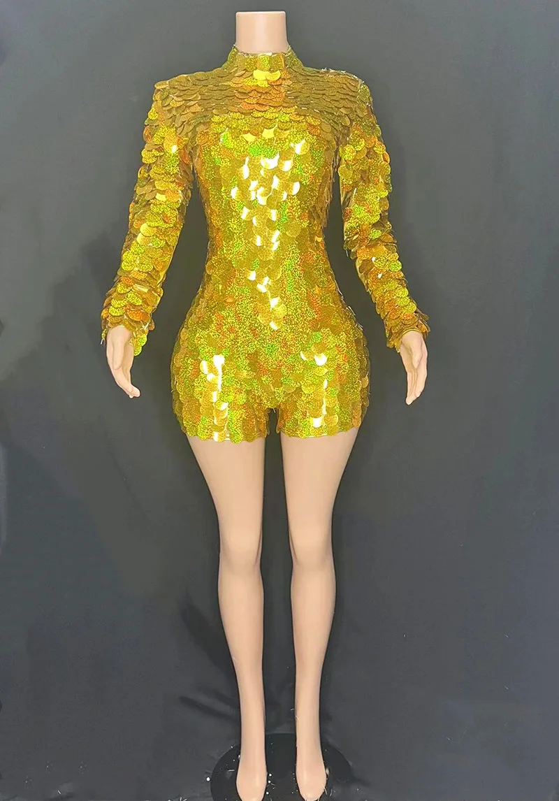 Women Luxury Gold Laser Color Sequines Sparkly Playsuits Dress Special Occassion Y2K Party Long Sleeve Bodycon Dress Costumes