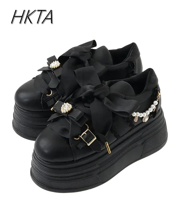 Japanese Mine Liz Shoes Sweet Bow Love Rhinestone Lolita Girl Soft Platform Shoes Women Pump Heels Winter Casual Sports Shoes