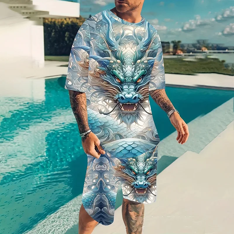 Fashion New Men\'s Sportswear Summer Casual Breathable Refreshing Suit Printed 3D Dragon Oversized Men\'s Loose Top Short Sleeve