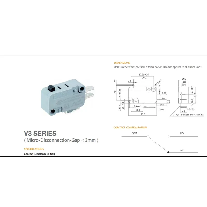 1PCS Taiwan ZIPPY V3-25S-00D3-Z high current micro switch 25A250VAC stroke reset limit switch 1 normally open 1 normally closed