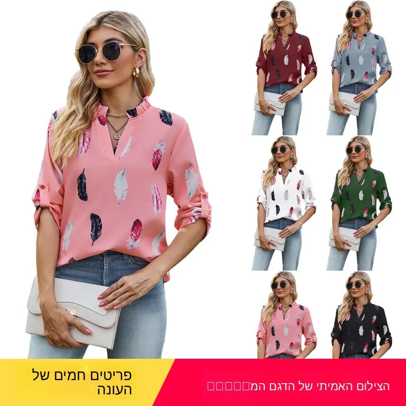 Loose Women's Shirt Autumn Clothes Tshirt Ladies Blouse Tops Sweet Style Button Decoration V-neck Seven-quarter Sleeve