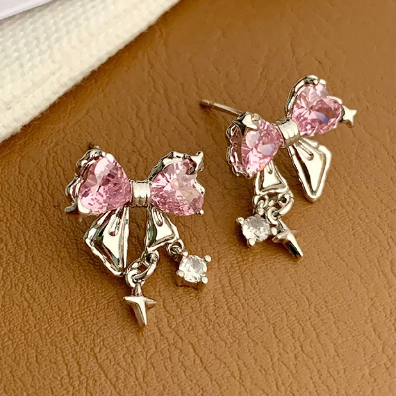 Y2K Bowknot Zircon Stud Earrings for Women Fashion Korean Silver Color Pink Crystal Personality Earring Girl Party Jewelry Gifts