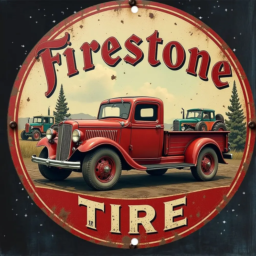 2D Flat Aluminum Farmhouse Rustic Firestone Tire Metal Sign 20x20cm Vintage Red Truck Tractor Home Bar Cafe Garage Room Decor