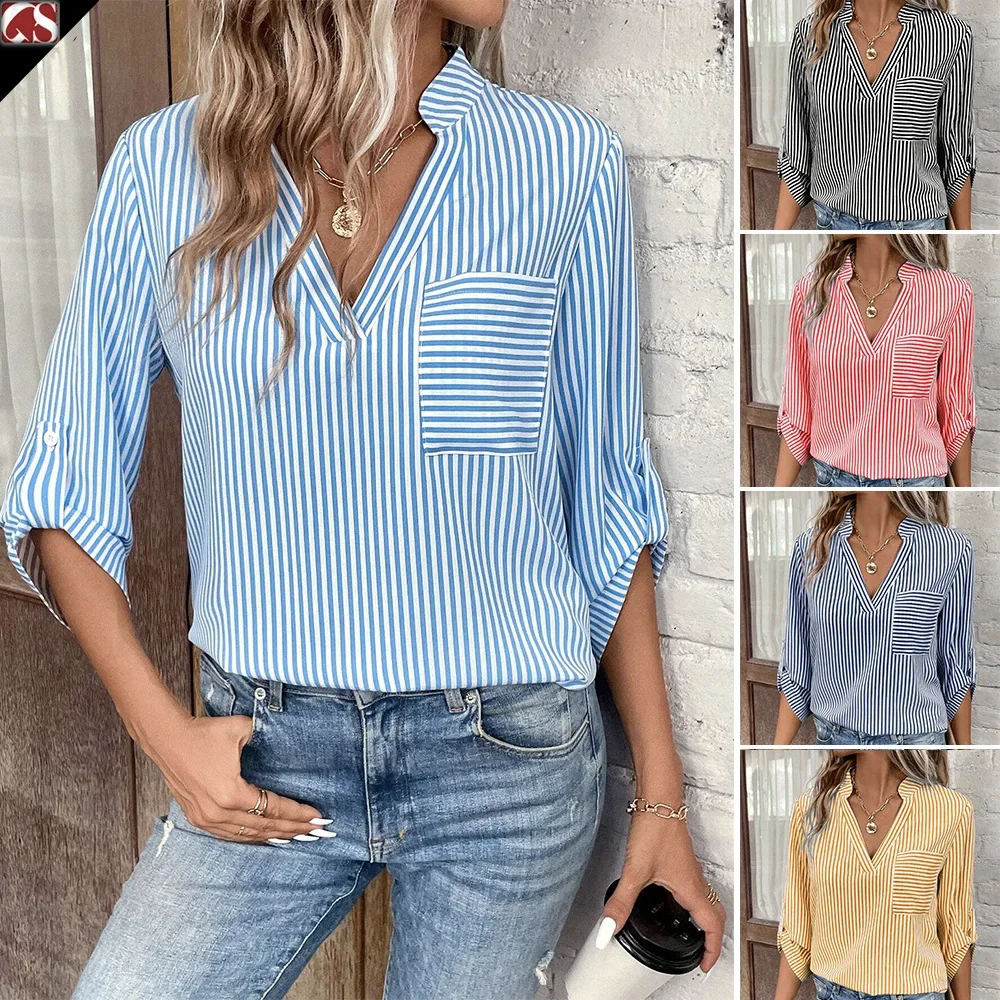 Ladies' Early Spring New Women's V-neck Pullover with Striped Printed Long Sleeved Casual Women's Shirt Blouse Women