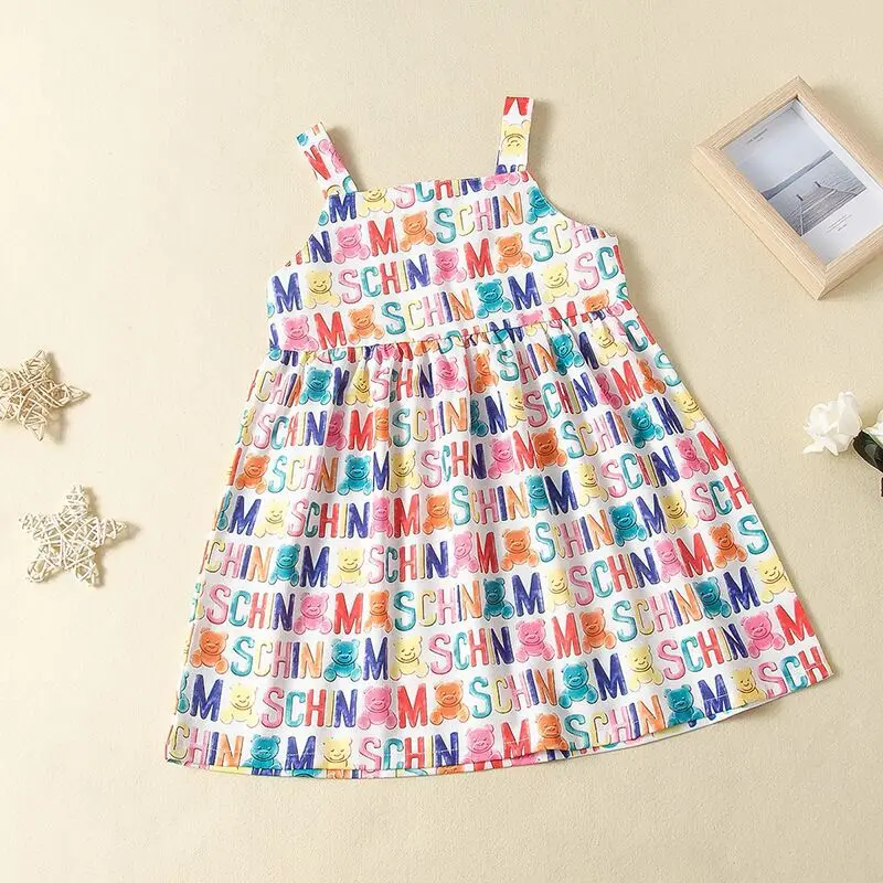 

2024 Summer New Arrival Girls Sleeveless Print Bear Letter Multi Cute Dress Infantil Menina Cute Party Dress Custume 8-12T