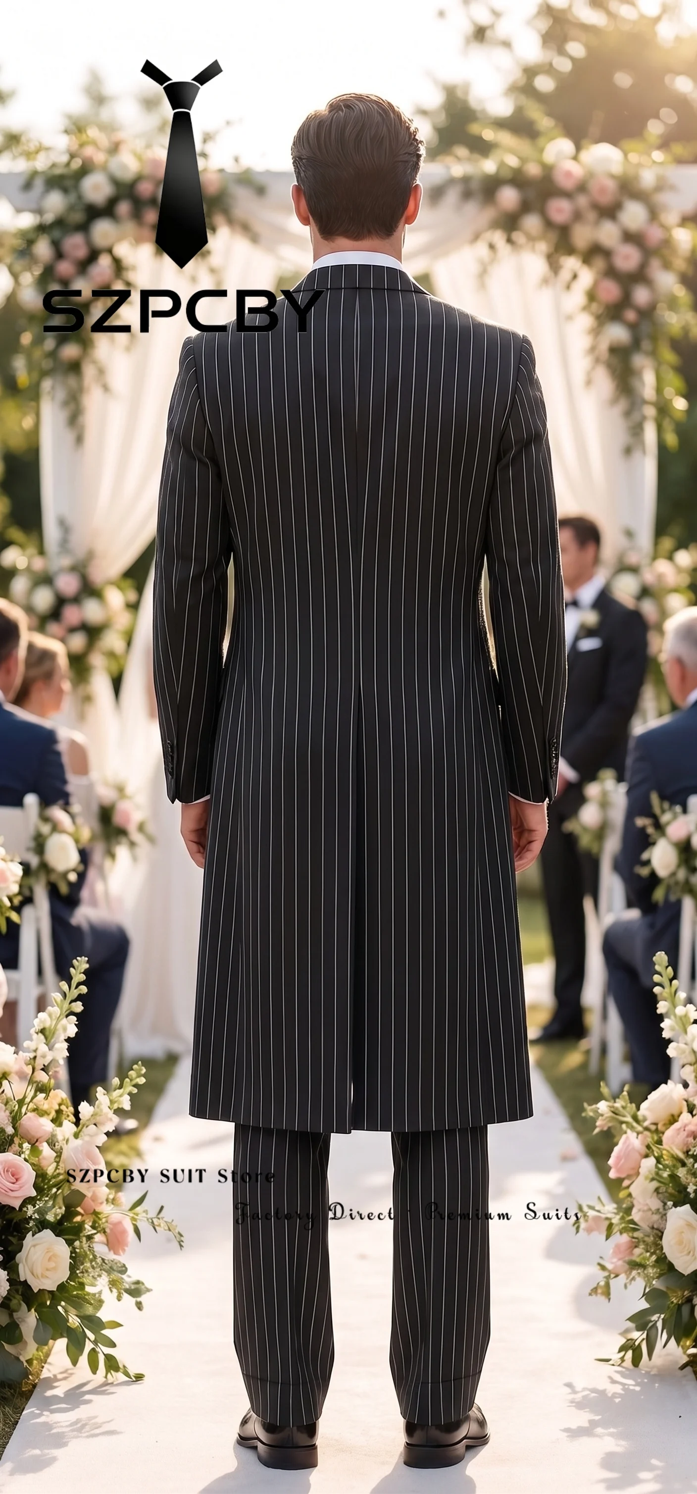 Elegant Pinstripe Suit for Men Customized 3 Piece Set Long Blazer Vest Pant Peak Lapel Male Wedding Party Prom Formal Tuxedo