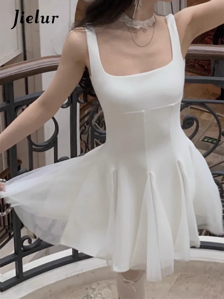 

Jielur New Slim Solid Color Summer Dress Woman Chic Sweet Ladies Sexy Women's Dress Charming White Korean Backless Dress Female