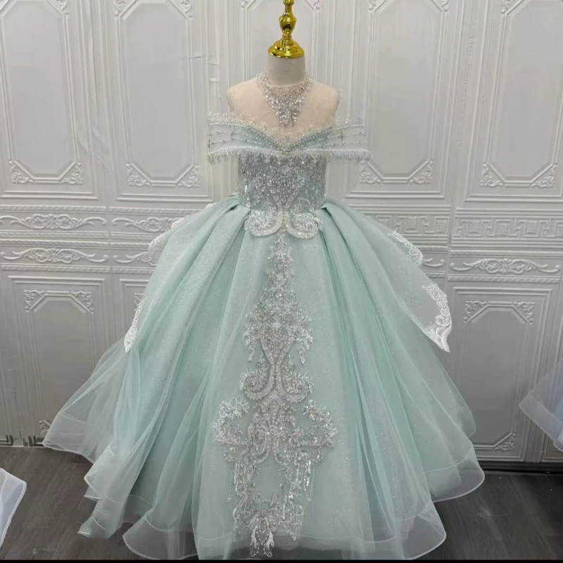 Kids Gown Girls Host Puffy Dress Children Birthday Long Train Tulle Skirt Performance Formal Party Celebration Evening  Dresses