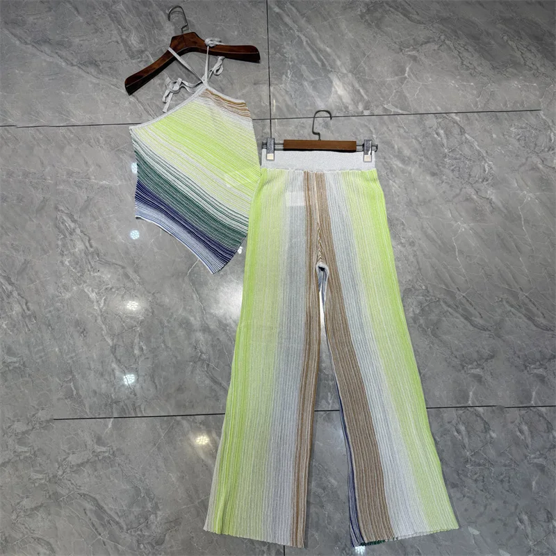 طقم نسائي مكون من قطعتين سروال نسائي جديد محبوك مرن بقصة ضيقة لصيف 2025 غزل معدني مخلوط بدون أكمام بدلة نسائية