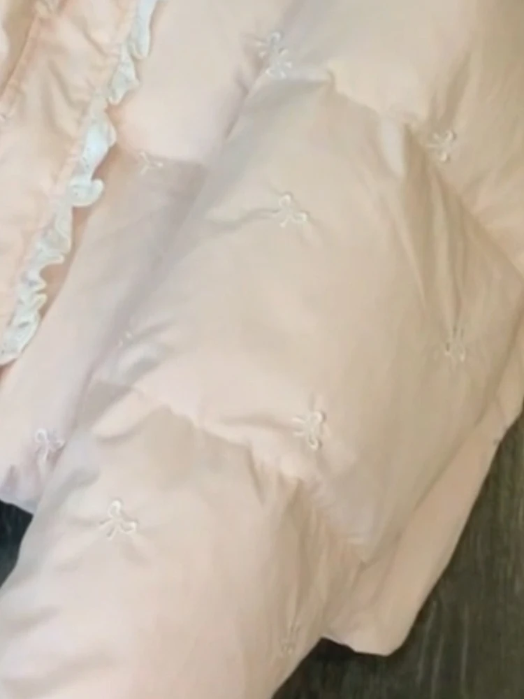 Winter Vintage Korean Fashion Thick Coats Women Loose Long Sleeve Bow Lace Zipper Warm Cotton Jacket Casual Elegant Chic Tops