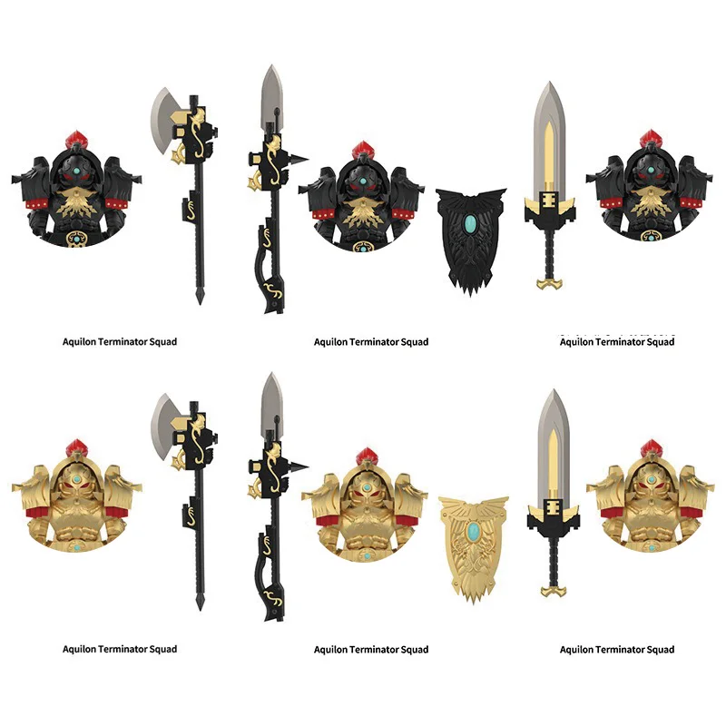 

Коллекционные минифигурки Aquilon Terminator Squad: Черно-золотые доспехи, строительные блоки, фигурки с топорами, мечами и щитами