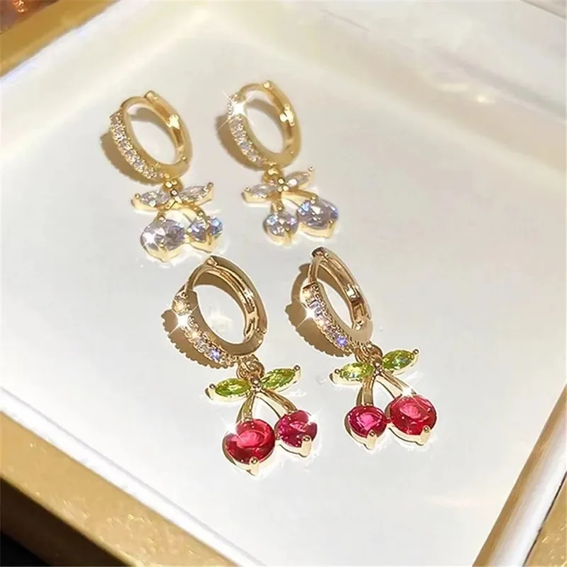 New Style Elegant Zircon Cherry Ear Clasps 2023 Online Red Design New Style Earrings Temperament Light Luxury Earrings Wholesale