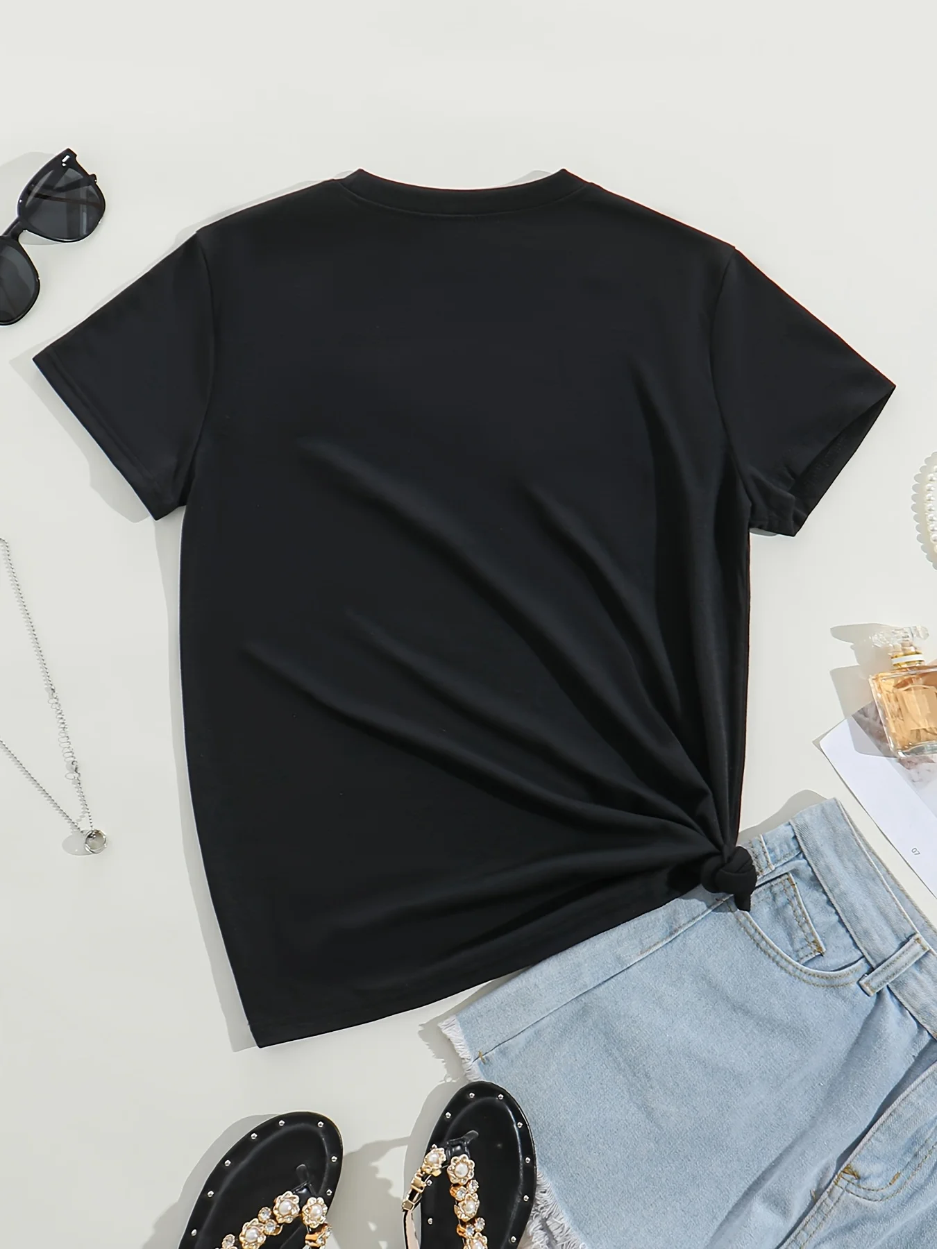 Women'S Casual Crew Neck T-Shirt, Polyester Blend, Knit Fabric, Regular Length, with Black Rose Graphic Print, for All Seasons